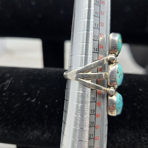 Vintage Native American Benson Boyd Sterling Silver Triple Turquoise Ring Sz 8 - Picture 4 of 8